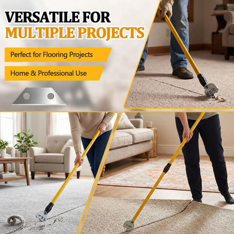 Stand Up Carpet Cutter Tool With 4 Replacement Blades Heavy Duty Roller Telescoping Fiberglass Handle Extends 50 To 85 Inches For Glue Down Removal And Rug Cutting For Pros And DIYers used on carpet