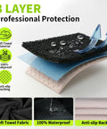 Black Waterproof Sweat Towel Seat Cover Universal Non Slip Protector layers showing soft towel, waterproof, anti-slip backing