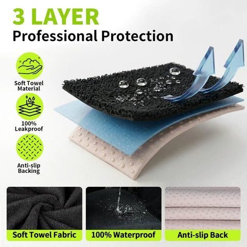 Black Waterproof Sweat Towel Seat Cover Universal Non Slip Protector layers showing soft towel, waterproof, anti-slip backing