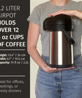 Person holding 74 Ounce Thermal Coffee Carafe With Pump Keeps Drinks Hot Up To 12 Hours And Cold Up To 36 Hours Vacuum Insulated