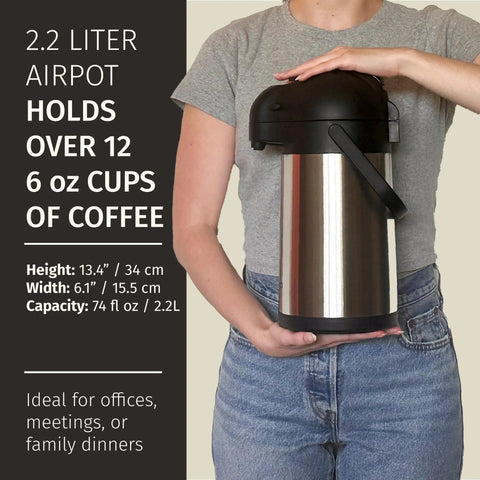 Person holding 74 Ounce Thermal Coffee Carafe With Pump Keeps Drinks Hot Up To 12 Hours And Cold Up To 36 Hours Vacuum Insulated