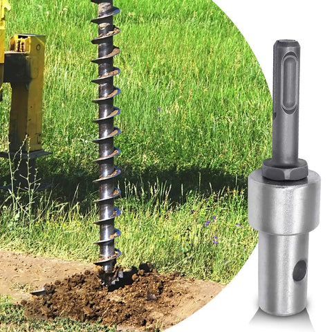 Garden Auger Drill Adapter for Impact Driver with Round Shank SDS Plus to One Half Inch Thread Keyless Chuck, in use on grassy soil
