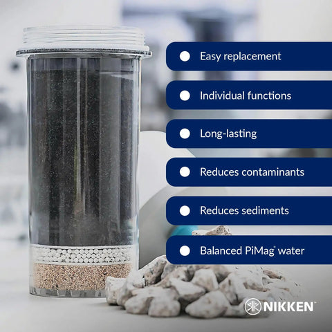 PiMag Aqua Pour Filter Cartridge No Fuss Replacement With Copper Particles, clear filter showing layers for home use