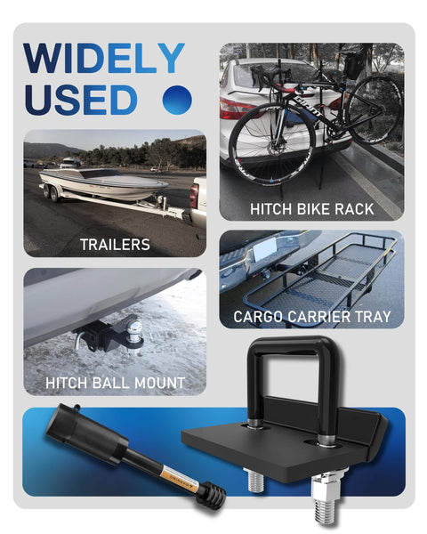 Anti Rattle Hitch Tightener And 2 Inch Receiver Lock Set For Trailer Hitch Pins, various uses including bike rack and cargo tray.