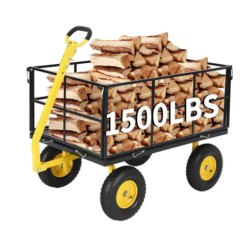 Heavy Duty Steel Garden Cart With 1500 Lb Capacity 3 In 1 Utility Wagon loaded with firewood, yellow handle, black mesh sides