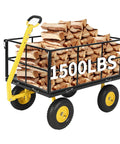 Workhorse 1500 Lb Folding Garden Wagon Cart loaded with firewood, black steel, all-terrain wheels, yellow handle
