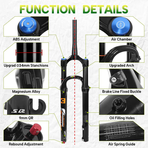 Beefy 140mm MTB Front Fork With 34mm Stanchions, showcasing ABS adjustment, air chamber, magnesium alloy, 9mm QR, and rebound features.