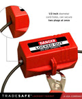 Industrial Grade Lockout Tagout Plug Lock For 110 To 125V Electrical Safety Boss Level Safety Nonconductive Polypropylene Lockout Device Fits Up To 1-3/4 Inch Diameter Plugs Includes Two Cord Holes One Half Inch Diameter Durable Energy Isolation, red plug lock with cord inserted