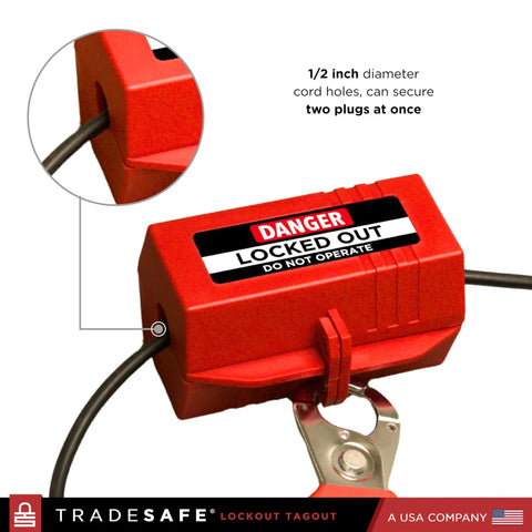 Industrial Grade Lockout Tagout Plug Lock For 110 To 125V Electrical Safety Boss Level Safety Nonconductive Polypropylene Lockout Device Fits Up To 1-3/4 Inch Diameter Plugs Includes Two Cord Holes One Half Inch Diameter Durable Energy Isolation, red plug lock with cord inserted