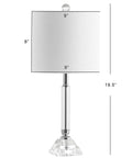 Clear Crystal Table Lamps Set Of 2 Measuring Nineteen Point Five Inches Tall With Chrome Glass Columns, shown with white linen shade.