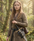 Person in brown outfit in forest wearing Medieval Viking Sword Frog Holster With Adjustable Belt Straps, holding sword