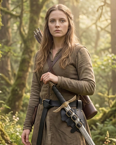 Person in brown outfit in forest wearing Medieval Viking Sword Frog Holster With Adjustable Belt Straps, holding sword