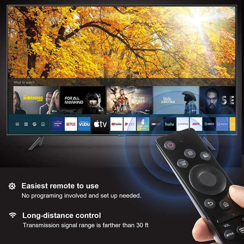 Universal TV Remote Replacement For Smart TVs, No Fuss Setup And Plug And Play, in hand against a Samsung Smart TV screen