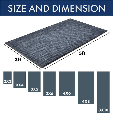 Size chart of Chevron Entrance Mat For Home Or Office, Built Tough Scraper And Moisture Retention, 3 By 10 Blue, medium to heavy traffic use
