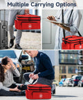 Medicine Organizer Bag With Double Layer Design For Home And Travel, Zippered First Aid Kit For Emergency Medical Supplies, Pill Bottle And Supplement Storage, Easy Access Compartments, Red shown in multiple carrying scenarios