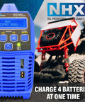 Beefy Quad 100W X4 Battery Balance Charger With 12A ACDC Power next to RC car and NHX logo