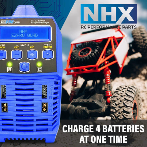 Beefy Quad 100W X4 Battery Balance Charger With 12A ACDC Power next to RC car and NHX logo