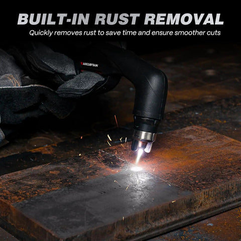 55 Amp Plasma Cutter With Blowback Non HF Pilot Arc For Safe, Solid Cuts, showing rust removal on metal, close-up view