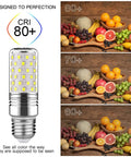 LED bulb showcasing CRI 80+ color accuracy beside comparison images of fruits at different CRI levels.