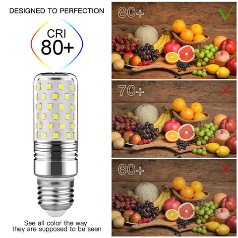LED bulb showcasing CRI 80+ color accuracy beside comparison images of fruits at different CRI levels.