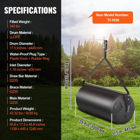 Tow Behind Lawn Roller 400 Lb Sand Or Water Filled, LLDPE drum, steel frame, dimensions and specifications listed