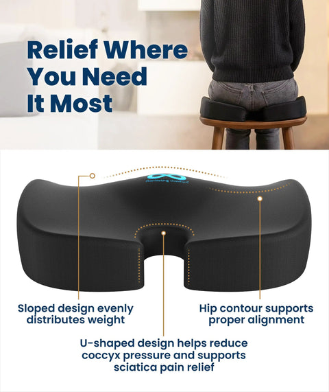 Memory Foam Seat Cushion For Office Chairs And Cars, Doctor Recommended, U-shaped design, used on a chair for tailbone relief.