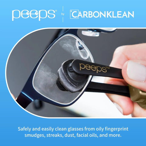Front view of Peeps by CarbonKlean eyeglass lens cleaner; black wand with gold Peeps logo cleaning glasses lens
