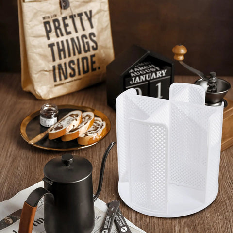 Rotating Cup Dispenser With Four Compartments And Lid Holder 360 Degree Tray Holds 3 To 16 Oz Disposable Cups Countertop Organizer in white.