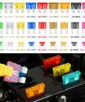 306 Piece Heavy Duty Car Fuses Assortment Kit Featuring Standard And Mini Low Profile Blade Types Spanning 2A To 35A Amps displayed with fuse colors.