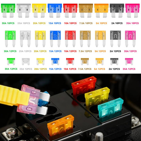 306 Piece Heavy Duty Car Fuses Assortment Kit Featuring Standard And Mini Low Profile Blade Types Spanning 2A To 35A Amps displayed with fuse colors.