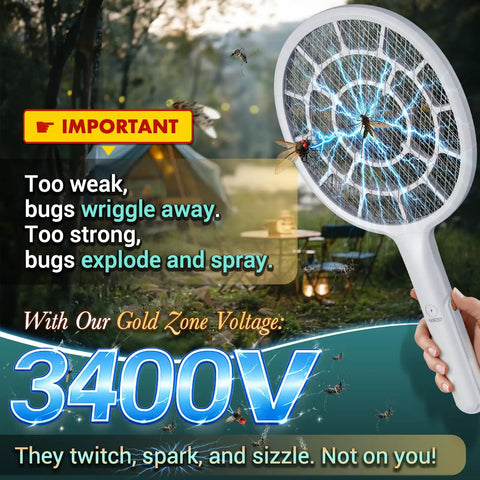 Electric Fly Swatter Bug Zapper Racket For Indoor And Outdoor Use With Dense Three Millimeter Mesh And Apple Like Weight AA Battery Powered Not Included Pro Swat Tips For Quick Safe Insect Knockouts Great For Camping And Backyard Use
