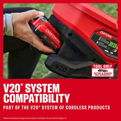 Close-up of V20 Four Season Seed Spreader handheld one point two gal being assembled, highlighting battery compatibility.