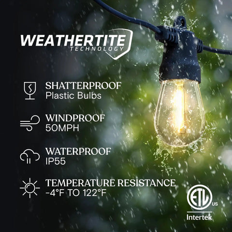 Close-up of a solar powered outdoor string light with shatterproof LED Edison bulb hanging in the rain, focus keyword: Solar Powered Outdoor String Lights 27 Ft With 12 Shatterproof LED Edison Bulbs Waterproof Patio Lights For Porch And Backyard 1W Soft White Detachable Solar Panel Easy On Off.