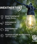 Solar Powered Outdoor String Lights 48 Ft Commercial Grade Waterproof Patio Lights With 15 Shatterproof LED Edison Bulbs Soft White 1W Easy On Off Panel Ideal For Porch Garden Backyard Vibe And Outdoor Mood highlighted by one bulb in rain demonstrating shatterproof and waterproof properties.