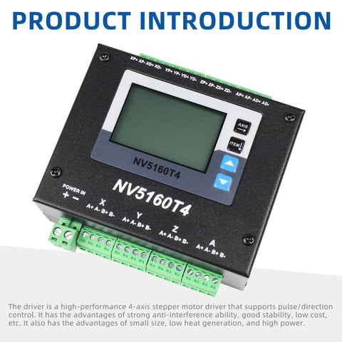 Front view of NV5160T4 CNC 4-axis stepper driver with LCD display and green terminal blocks.