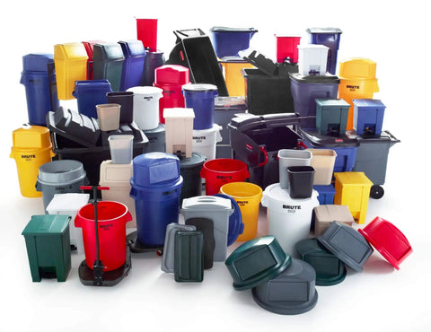 Assorted BRUTE trash cans and lids including heavy duty 32 gallon trash can dome lid with self draining channels gray snap lock secure fit.