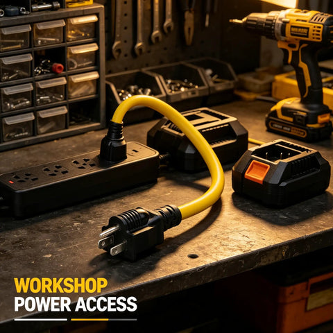 Heavy Duty 12 Awg Nema Four In One Adapter Cable Electrical Power Extension Cord With 15 Amp 125 Volt Plug connecting devices on a workbench.
