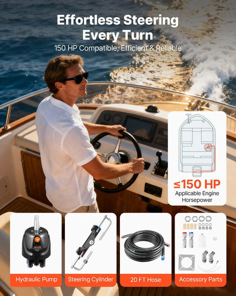 Beefy Hydraulic Boat Steering Kit For Up To 150 HP Outboard With 6.9 MPa 1000 Psi Helm Pump 5.5 Turns Lock To Lock Two Way Lock Cylinder 20 Ft High Strength Hoses Marine Single Station Steering System For Single Engine