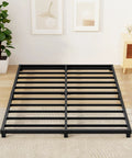 Rock Solid Full Size Bed Frame With Heavy Duty Steel Slat Support Ultra Low Profile Platform Design view of slat support frame on wooden floor.