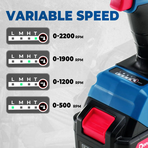 Variable speed settings on 20V Brushless Impact Wrench Kicks 670 Ft Lbs Of Nut Breaking Torque At 2200 RPM.