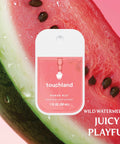 Hydrating Hand Sanitizer Spray Trio Set With Aloe Vera And Essential Oils Featuring Wild Watermelon Velvet Peach Berry Bliss 3 Travel Size 1 Fl Oz Mists For On The Go Fresh Hands And Skin Loving Hydration, featuring Wild Watermelon variety next to watermelon slice.