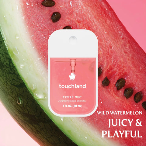 Hydrating Hand Sanitizer Spray Trio Set With Aloe Vera And Essential Oils Featuring Wild Watermelon Velvet Peach Berry Bliss 3 Travel Size 1 Fl Oz Mists For On The Go Fresh Hands And Skin Loving Hydration, featuring Wild Watermelon variety next to watermelon slice.