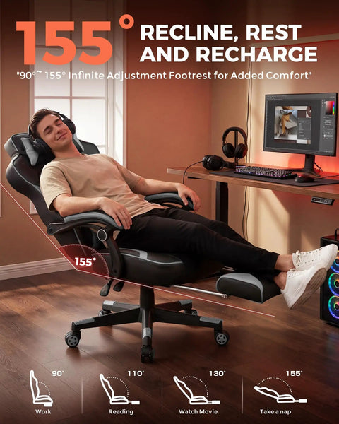 Man reclining on Big And Tall Gaming Chair For Adults With 350 Lb Capacity, Heavy Duty Office Chair, Sky Gray, in a home office