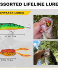 Ultimate Pro Grade Fishing Lures And Accessories Kit With Tackle Box Including Hooks Minnow Crankbait Frog Popper Worm Spoon Spinner Bait For Bass Crappie Freshwater Angling Gear Gift For Men featuring topwater lures in action.