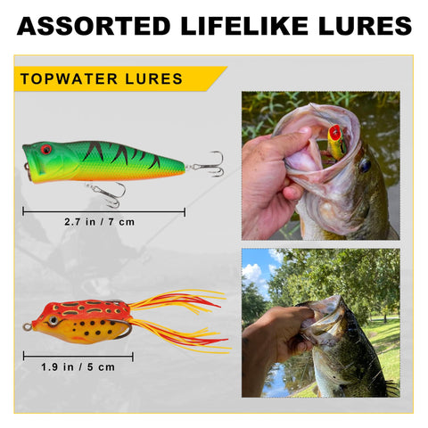 Ultimate Pro Grade Fishing Lures And Accessories Kit With Tackle Box Including Hooks Minnow Crankbait Frog Popper Worm Spoon Spinner Bait For Bass Crappie Freshwater Angling Gear Gift For Men featuring topwater lures in action.