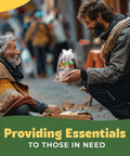 Person giving Five Complete Hygiene Care Packages For The Homeless With Socks Soap Toothbrush Toothpaste First Aid Wipes Lip Balm And Food Ideal Outreach Blessing Bags For Charity And Street Outreach Programs to another person outdoors.