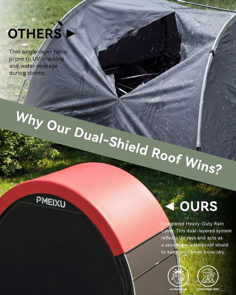 High Clearance Bike Storage Tent Shelter with dual-layered roof comparison showing waterproof material and protective features.