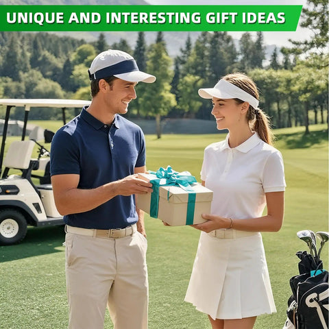 Couple exchanging gift on golf course, golf cart in background, unique gift ideas