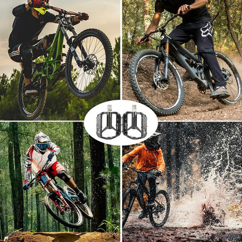 Cyclists riding with Nine Sixteenth Inch MTB Bike Pedals With Sealed Bearings, Aluminum Alloy Flat Pedals for off-road trails.