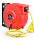 Retractable Extension Cord Reel With 40 Ft 12 AWG SJT Cable, Rugged Industrial Grade Power Reel, 3 Outlet Tap, yellow cord